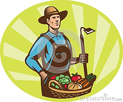 Farmer Garden Hoe Basket Crop Harvest Vector Illustration