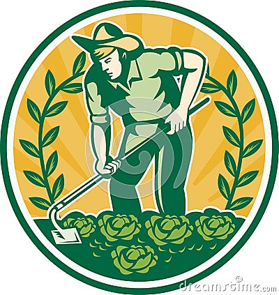 Farmer Gardener With Garden Hoe Cabbage Vector Illustration