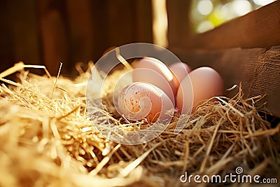 A Farmer Gathers Fresh Eggs at an Eco Poultry Farm with Free Range Chickens. created with Generative AI Stock Photo