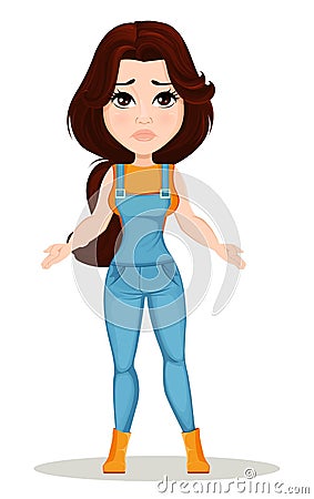 Farmer girl dressed in work jumpsuit. Cute cartoon character looks lost or disappointed Vector Illustration