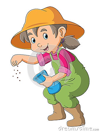 The farmer girl is sowing a seed Vector Illustration