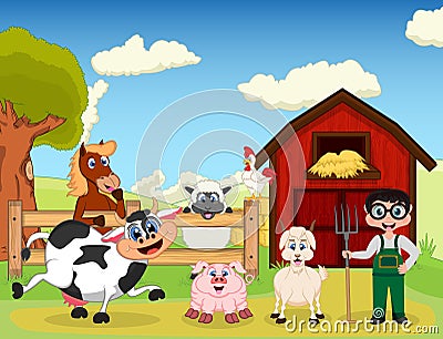 Farmer, goat, pig, horse, goat, sheep, chicken and cow on the farm cartoon Vector Illustration