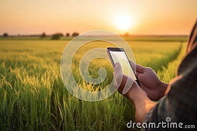 farmer hand hold mobile on agricultural field Stock Photo