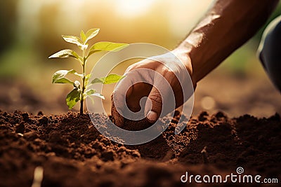 farmer hand planting seed Stock Photo