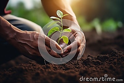 farmer hand planting seed in agricultural field Stock Photo