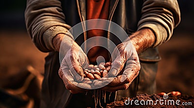 Farmer hands planting seeds. Agriculture concept. AI generated Stock Photo