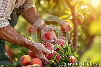 Farmer harvesting fresh organic red peaches in the garden on a sunny day. Freshly picked fruits. close-up Stock Photo