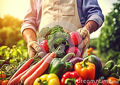 Farmer harvesting fresh organic vegetables on a farm on summer day.Marco.AI Generative Stock Photo