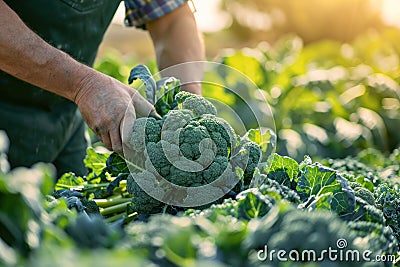 A farmer harvests broccoli in a field on a sunny day. Freshly picked vegetables. Agriculture and farming Stock Photo