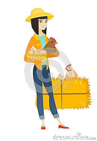 Farmer holding chicken and basket of eggs. Vector Illustration