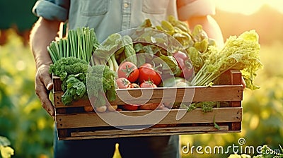 A farmer holding freshly harvested vegetables in wooden crate. Other farmer behind him working in farm Stock Photo