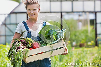 Farmer holding organic produce in wooden box on her farm Stock Photo