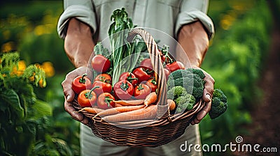 A farmer holds a basket of vegetables in his hands. Ingathering. Generative AI. Stock Photo