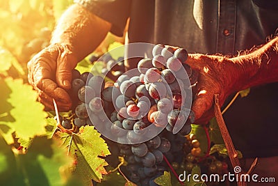Farmer holds freshly picked ripe juicy grape in his hands Stock Photo