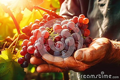 Farmer holds freshly picked ripe juicy grape in his hands Stock Photo