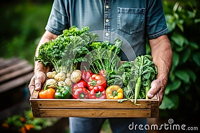 Farmer holds in his hands wooden box with many different kinds of fresh vegetables Stock Photo