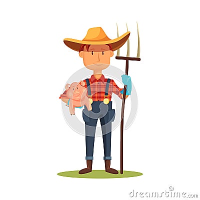 Farmer holds piggy, vector banner or clipart. Vector Illustration