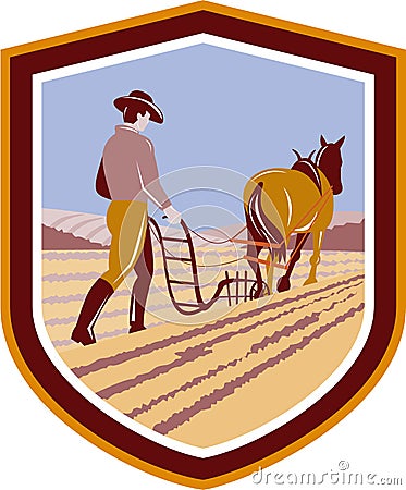 Farmer and Horse Plowing Farm Field Crest Retro Vector Illustration