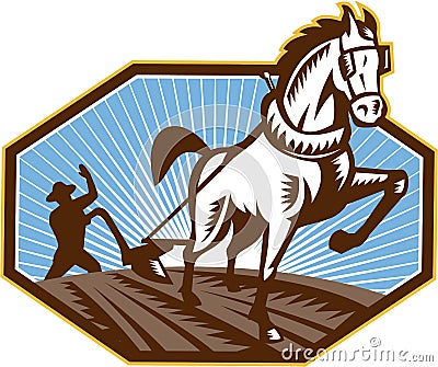 Farmer and Horse Plowing Farm Retro Vector Illustration
