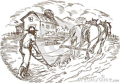 Farmer and horse plowing field Cartoon Illustration