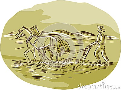 Farmer and Horses Plowing Field Oval Etching Cartoon Illustration