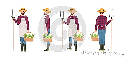 Farmer isolated on white background. Agricultural worker wearing apron and straw hat holding basket full of harvested Vector Illustration