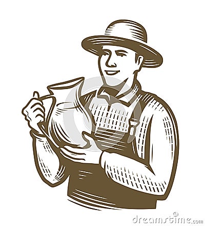 Farmer with jug of milk. Farming sketch vintage vector Vector Illustration