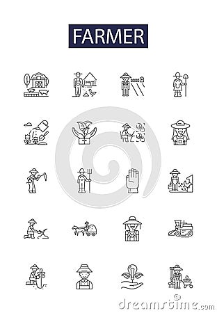 Farmer line vector icons and signs. Agriculturist, Horticulturist, Rancher, Crofter, Tiller, Grower, Agronomist,Plowman Vector Illustration