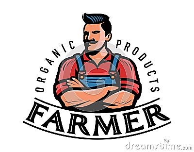 Farmer logo or emblem. Farm, agriculture, farming badge. Organic natural food symbol vector illustration Vector Illustration