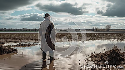 Farmer looking out over flooded field, stress and poor mental health caused by tough environmental conditions Stock Photo