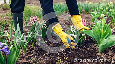 Farmer loosening soil with hand fork among spring flowers in garden. Woman in gloves checking hyacinths Stock Photo