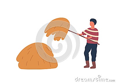 Farmer making haystack flat vector illustration. Faceless rancher, farm worker with pitchfork cartoon character. Village Vector Illustration