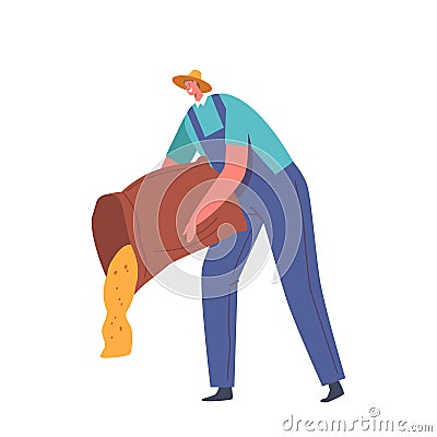 Farmer Male Character Pours Grains From Sack Onto Ground For His Livestock. The Grains Spill Out From The Open Sack Vector Illustration