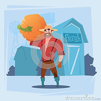 Farmer Man Gather Pumpkin Harvest Silhouette Farm Background Vector Illustration