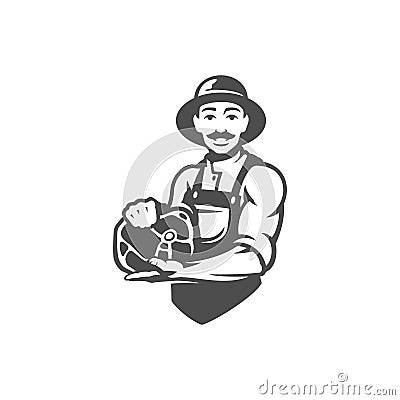 Farmer man with raw steak meat piece butchery shop agricultural market vintage icon vector Vector Illustration