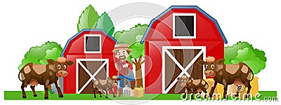 Farmer and many cows on the farm Vector Illustration