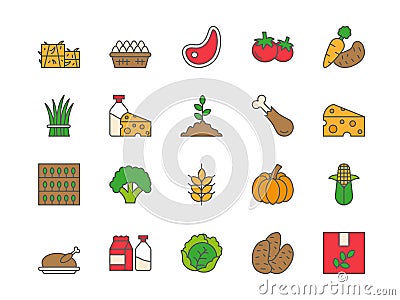 Farmer market. Agriculture farm icons. Local vegetable produce. Grocery color symbols. Food products. Bio gardening Vector Illustration