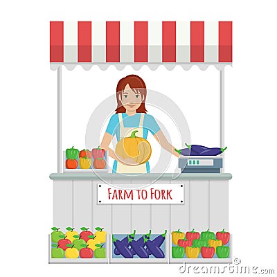 Farmer market stall with fruit and vegetables Vector Illustration