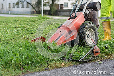 Farmer mowing with mower grass Stock Photo