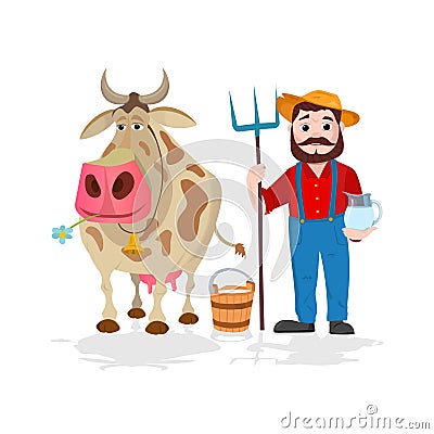 Farmer near cow and bottles of milk. Farming and countryside, rural and village landscape, dairy theme Vector Illustration