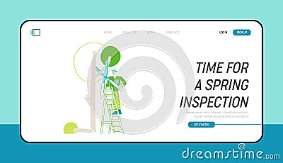 Farmer Occupation, Yardwork Landing Page Template. Worker Character Stand on Ladder Trimming Tree in Garden Vector Illustration