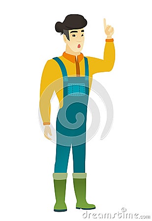 Farmer with open mouth pointing finger up. Vector Illustration
