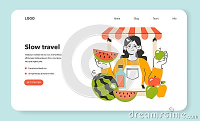 Farmer organic market web banner or landing page. Woman sell own Vector Illustration