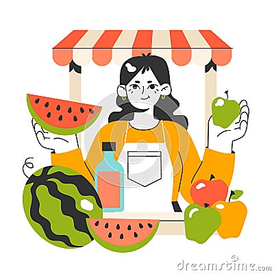 Farmer organic market. Woman sell own growth green natural Cartoon Illustration