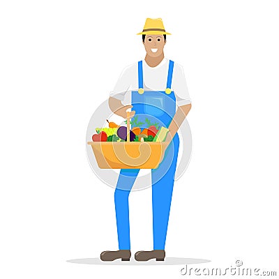 The farmer in overalls with a basket with a harvest in hands Vector Illustration