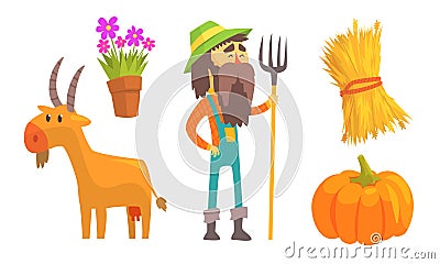 Farmer, goat and farm tools. Vector illustration. Vector Illustration