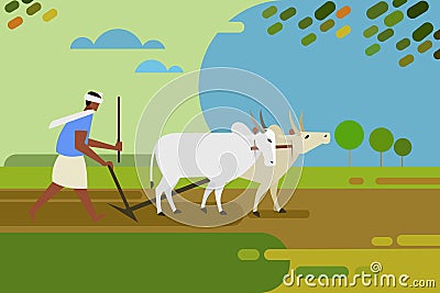 Farmer plows a farm land with the help of bullocks Vector Illustration