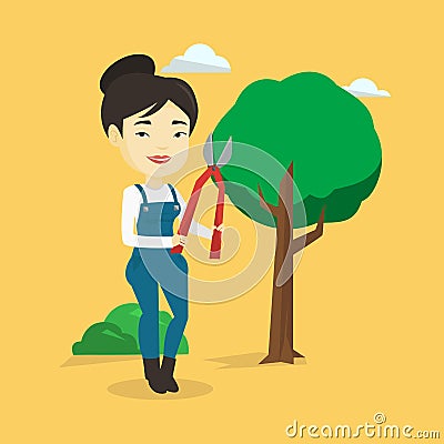 Farmer with pruner in garden vector illustration. Vector Illustration