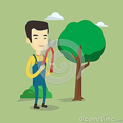 Farmer with pruner in garden vector illustration. Vector Illustration