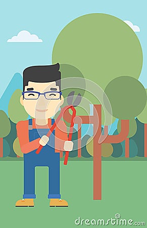 Farmer with pruner in garden vector illustration. Vector Illustration